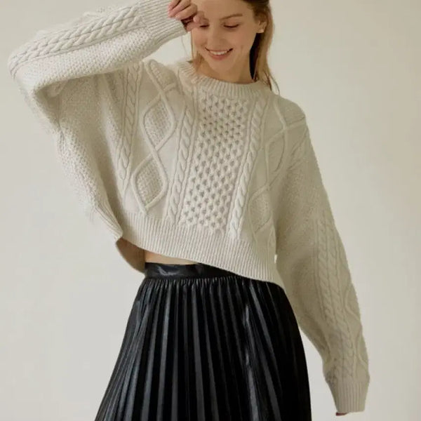 [BUNJANG] Riel Cable Knit Round Neck Ivory / 리엘 케이블니트 아이보리 라운드넥