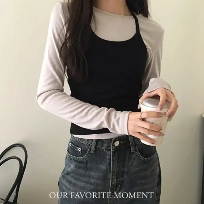 [BUNJANG] Marryaround Soft Ribbed Layered Halter Tank Top Black / [ofm] 메리어라운드 소프트 골지 레이어드 홀터 나시 블랙