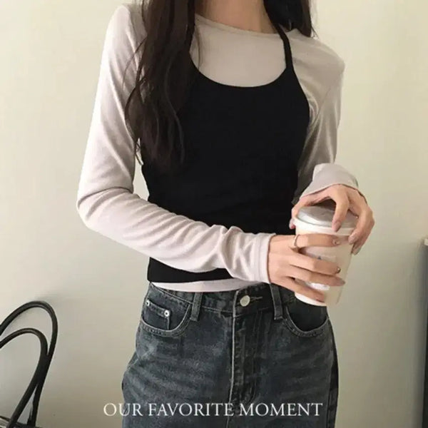 [BUNJANG] Marryaround Soft Ribbed Layered Halter Tank Top Black / [ofm] 메리어라운드 소프트 골지 레이어드 홀터 나시 블랙