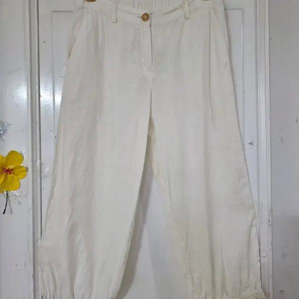 [BUNJANG] Linen Blend Wide-Leg Pants with Lace Detail / 여름 시원한 고급스러운 핏이이쁜  마  린넨  밴딩 베기통바지