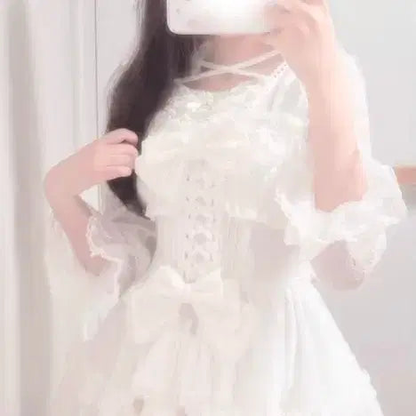 [BUNJANG] LIZ LISA Front Tiered Chiffon Dress Setup White Long Sleeve / (급처/운포) 리즈리사 프론트 캉캉 쉬폰 원피스 셋업 화이트 긴팔