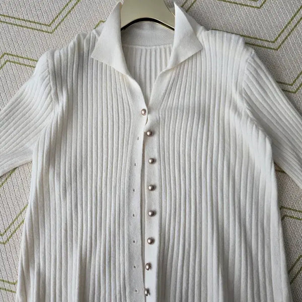 [BUNJANG] White Gold Button Knit Shirt / 화이트 셔츠 니트 골드 단추