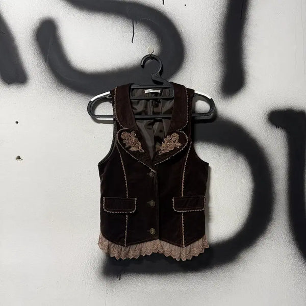 [BUNJANG] Axisfarm Western Brown Embroidery Eyelet Rose Lace Velvet Vest / 액시즈팜 웨스턴 브라운 자수 아일렛 장미 레이스 벨벳 베스트