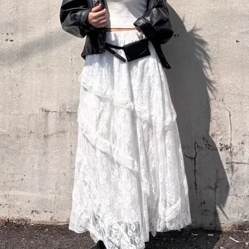 [BUNJANG] Ablley White Ruffled Lace Long Skirt / 에이블리 화이트 캉캉 레이스 롱치마