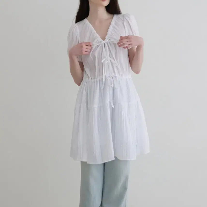 [BUNJANG] SEMI THREE RIBBON DRESS White / 쎄미 THREE RIBBON DRESS