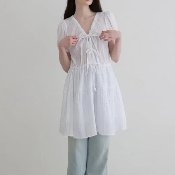 [BUNJANG] SEMI THREE RIBBON DRESS White / 쎄미 THREE RIBBON DRESS