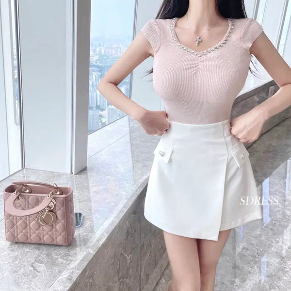[BUNJANG] SDress Cubic Asymmetrical Mini Skirt - White / 맨뒤실사0) 에스드레스 큐빅 언발 미니스커트 - 화이트