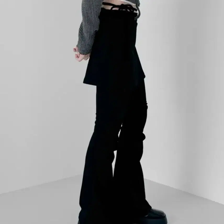 [BUNJANG] Layered String Pintuck Skirt Leggings Pants Black / [뒷밴딩/일체형] 레이어드 스트링 핀턱 치마 레깅스 팬츠 블랙 에이블리 부츠컷