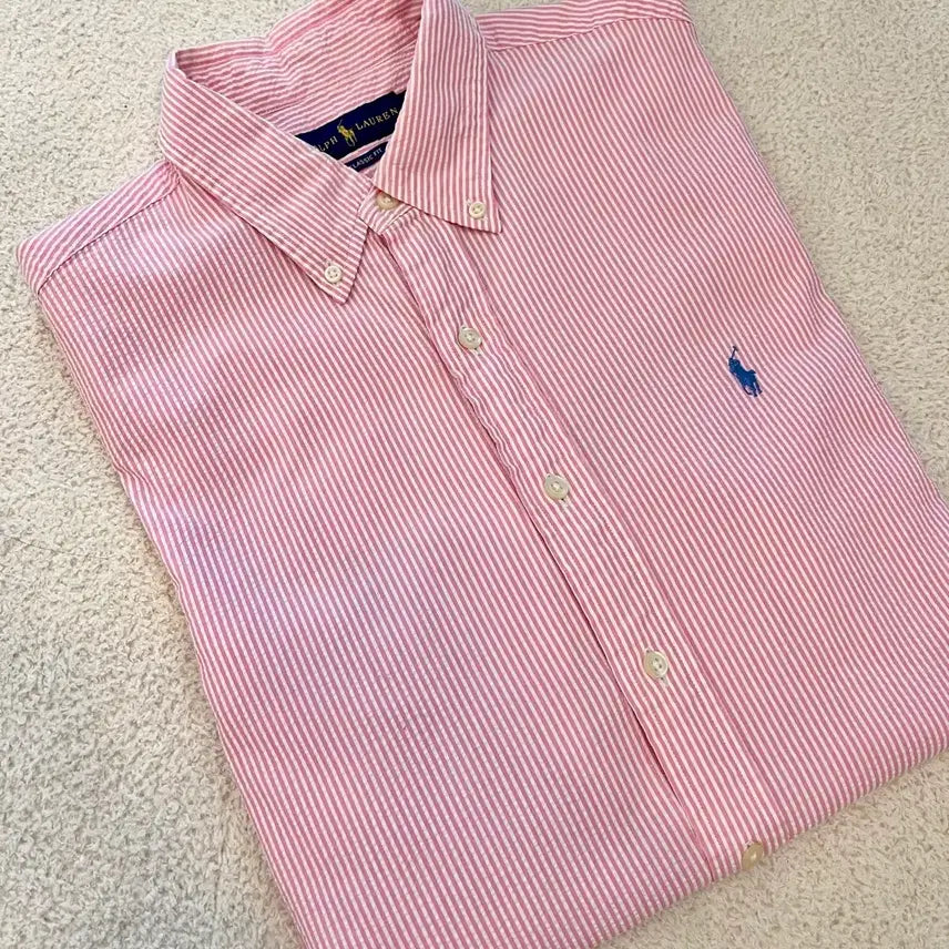 [BUNJANG] Polo Ralph Lauren Pink Stripe Seersucker Short Sleeve Shirt / 폴로 랄프로렌 핑크 스트라이프 반팔 셔츠
