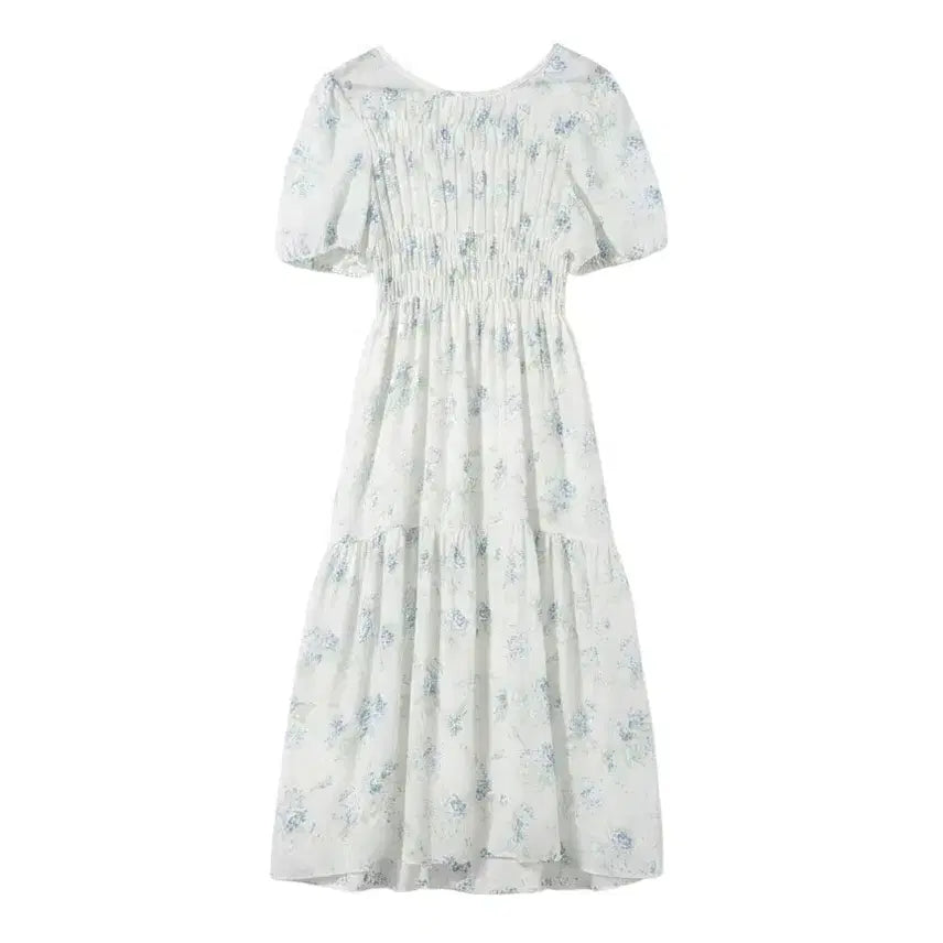 [BUNJANG] White Blue Floral Smoke Banding Short Sleeve Long Dress / 여성F/ 화이트 푸른꽃 스모크 밴딩 반팔 롱원피스 빈티지킹