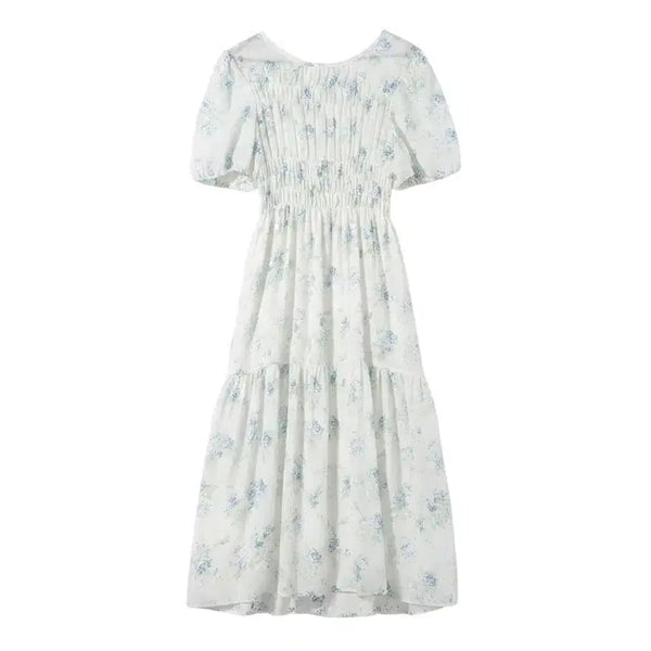 [BUNJANG] White Blue Floral Smoke Banding Short Sleeve Long Dress / 여성F/ 화이트 푸른꽃 스모크 밴딩 반팔 롱원피스 빈티지킹