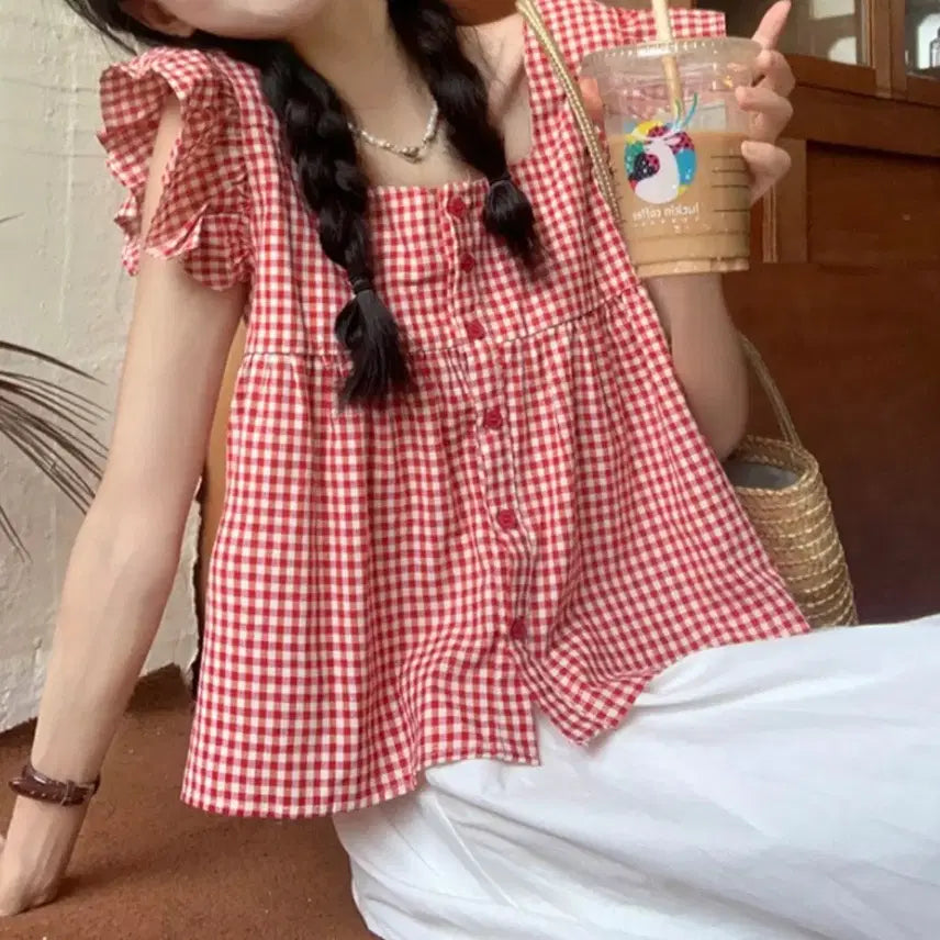 [BUNJANG] Slim Girl Check Short Sleeve Blouse / 슬림소녀 체크 반팔 블라우스