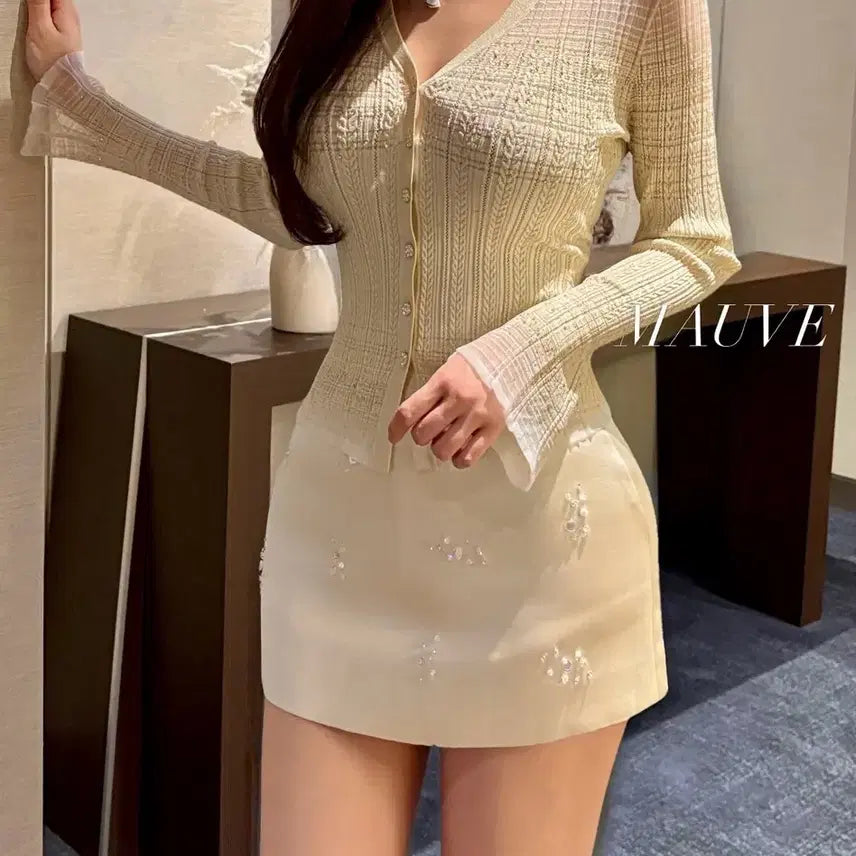 [BUNJANG] Mobushowroom Beaded Silk Skirt - Beige S / 모브쇼룸 구슬구슬 실크 스커트 - 베이지 s