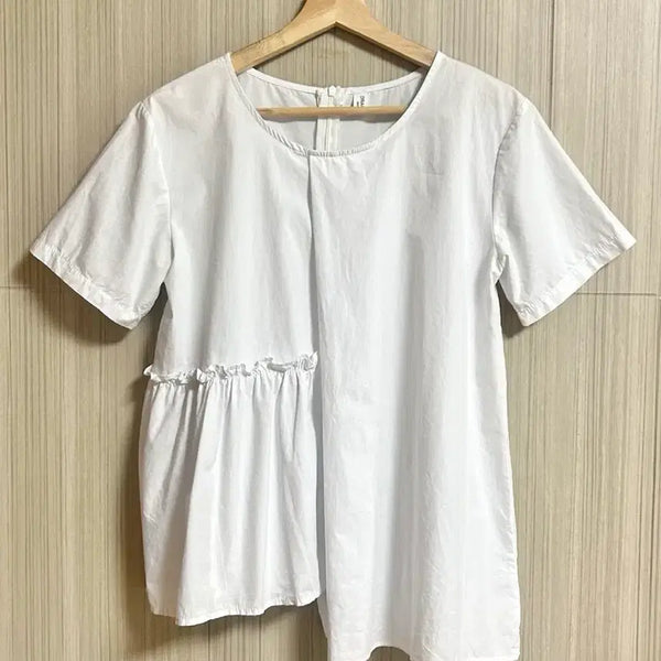 [BUNJANG] Cotton Half Shirring Asymmetrical Blouse / 바스락 코튼 화이트 하프셔링 언발란스 블라우스