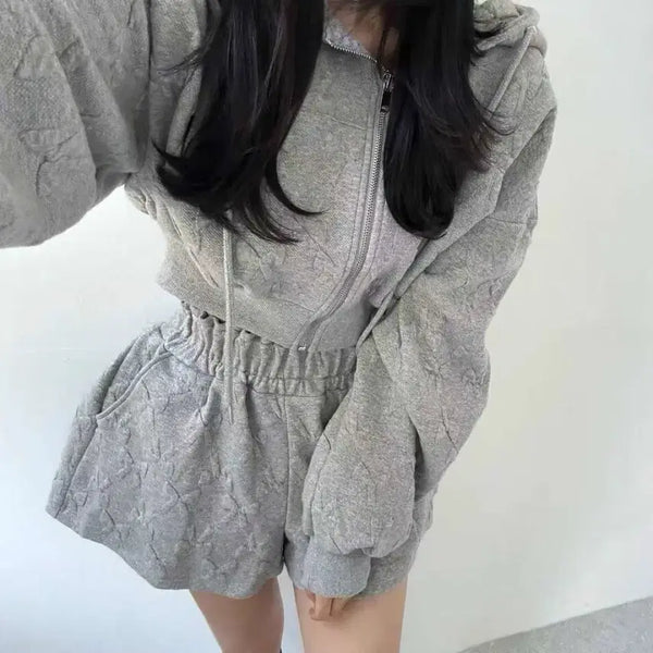 [BUNJANG] High Quality Jacquard Two-Piece Set - Hooded Zip-Up & Pants (Grey) / 저퀄ㄴㄴ고퀄!))왕 말라핏! 후드 쿠션리본 자가드 투피스-회색 (후드집업+팬츠)