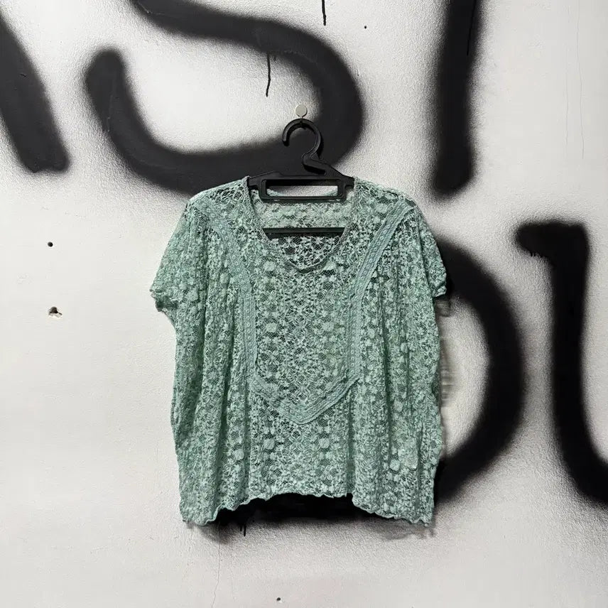 [BUNJANG] Vintage Mint Fairy Crochet Knit Short Sleeve Top / VTG 빈티지 민트 페어리 크로쉐 니트 반팔 탑
