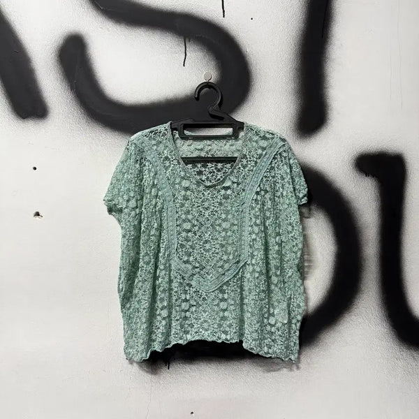 [BUNJANG] Vintage Mint Fairy Crochet Knit Short Sleeve Top / VTG 빈티지 민트 페어리 크로쉐 니트 반팔 탑