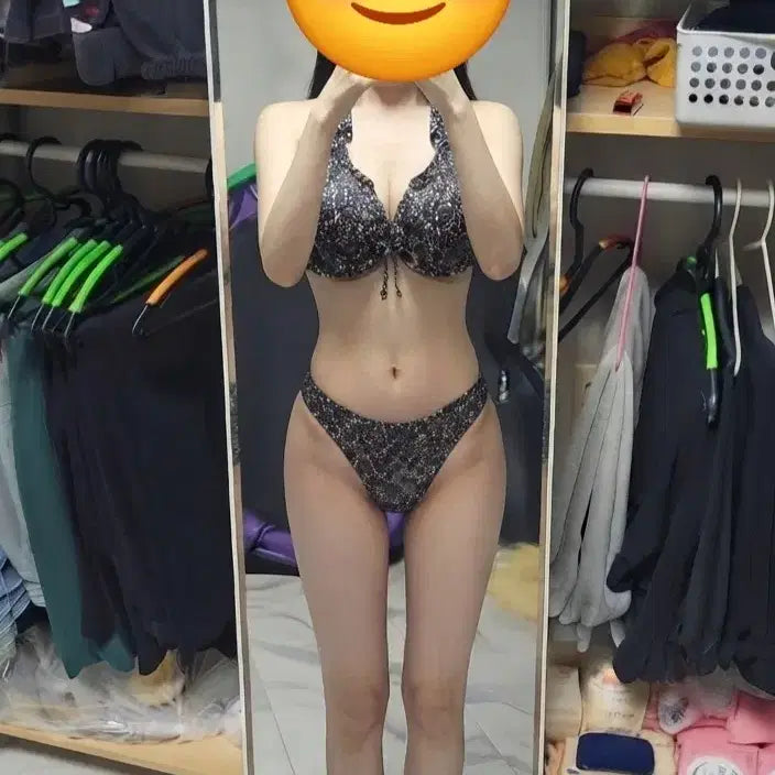 [BUNJANG] Black Pattern Three-Piece Bikini Swimsuit / 수영복 비키니 블랙 패턴 쓰리피스