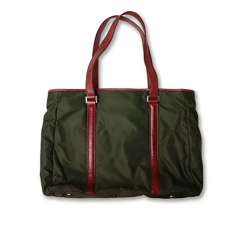 [BUNJANG] Hilton Olive Green Nylon Burgundy Leather Shopper Bag / 힐튼 [Hilton] 올리브 그린 나일론 버건디 레더 쇼퍼백