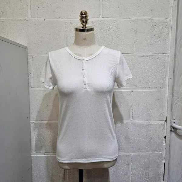 [BUNJANG] White Ribbed Short-Sleeve Top with Front Buttons / 앞단추 골지 신축성 좋은 반팔- 화이트