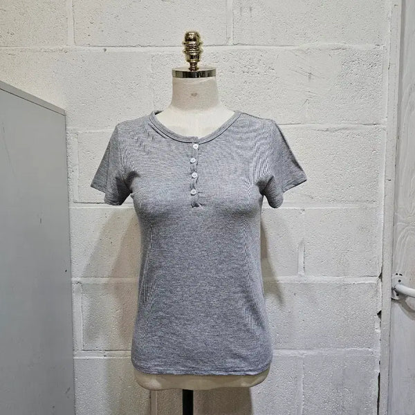 [BUNJANG] Ribbed Short Sleeve Top with Front Buttons - Light Gray / 앞단추 골지 신축성 좋은 반팔- 연그레이