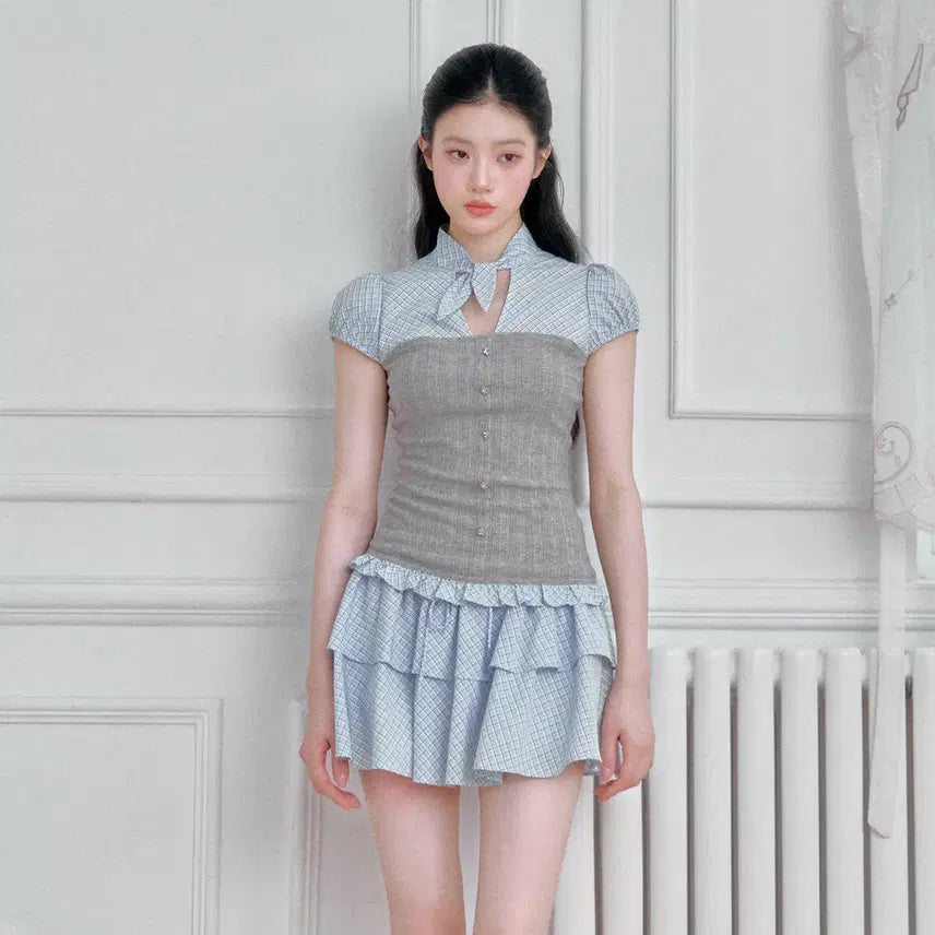 [BUNJANG] Fragile Heart Blue Check Two-Piece Set (Shirt & Skirt) / Fragile heart 프레질하트 블루 체크 셔츠 스커트 투피스