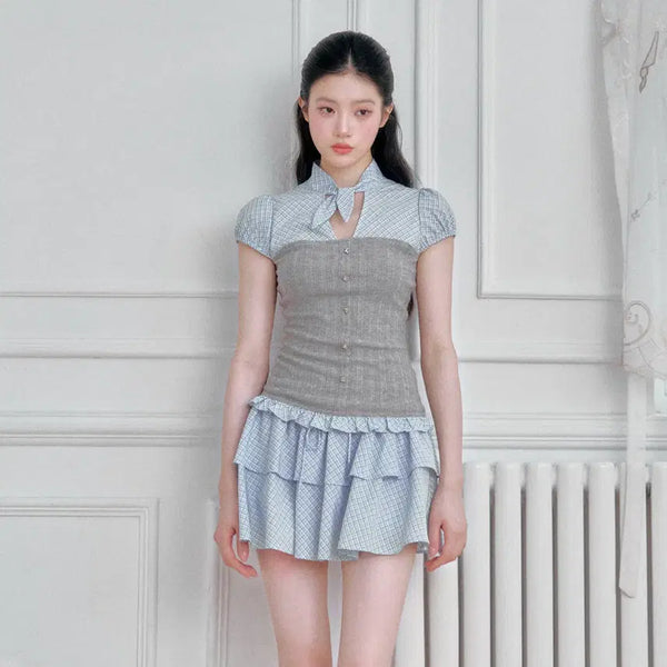 [BUNJANG] Fragile Heart Blue Check Two-Piece Set (Shirt & Skirt) / Fragile heart 프레질하트 블루 체크 셔츠 스커트 투피스