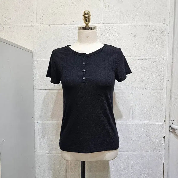 [BUNJANG] Front Button Ribbed Short Sleeve T-Shirt - Black / 앞단추 골지 신축성 좋은 반팔- 블랙