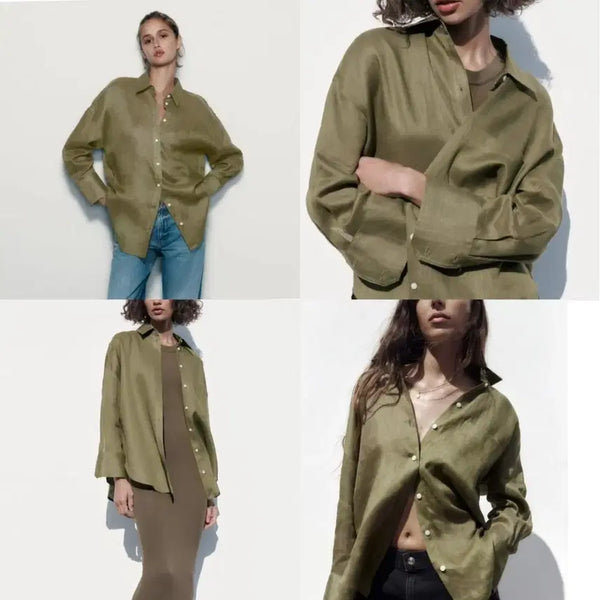 [BUNJANG] ZARA Khaki Linen Loose Fit Shirt Women's M / 자라 카키 루즈핏 린넨셔츠 여성 M