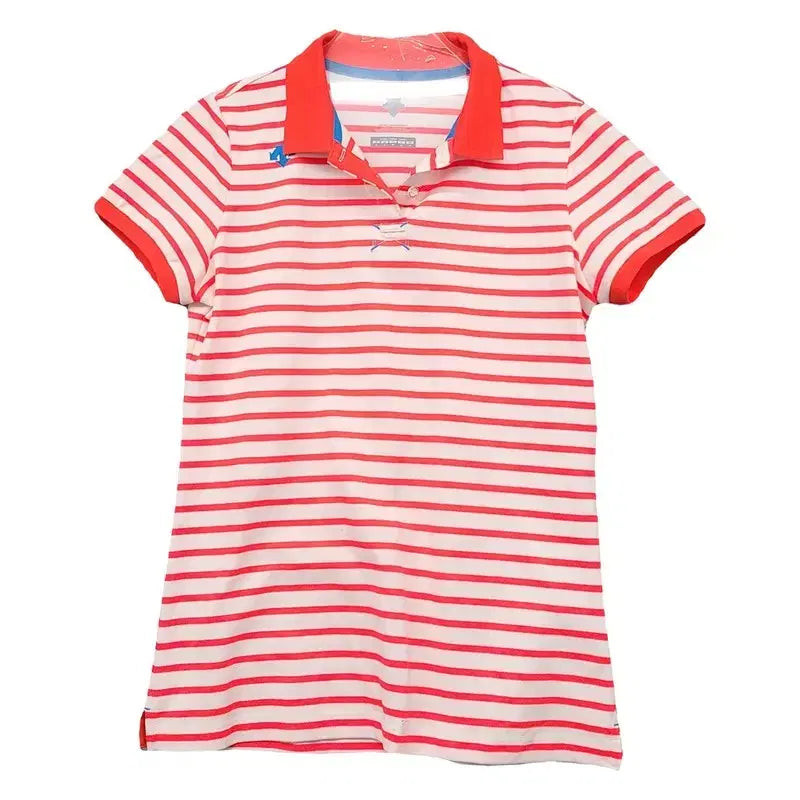 [BUNJANG] Descente Striped Red Functional Short Sleeve Polo T-Shirt M / 데상트 스트라이프 레드 기능성 반팔 카라티 M