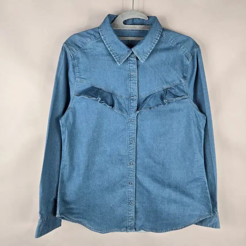 [BUNJANG] TAG Women's Stretch Denim Blouse Shirt - Size 77 / [무료배송]태그 77 여성 러플 스판기 좋은 슬림한 데님 청 셔츠 블라우스