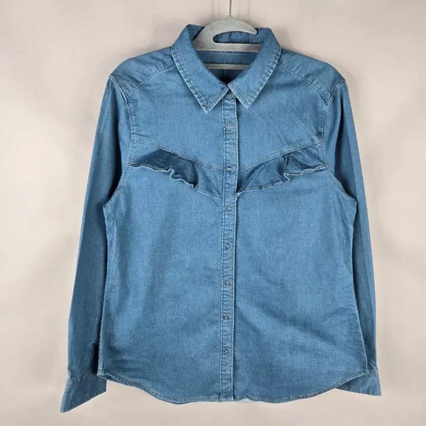 [BUNJANG] TAG Women's Stretch Denim Blouse Shirt - Size 77 / [무료배송]태그 77 여성 러플 스판기 좋은 슬림한 데님 청 셔츠 블라우스