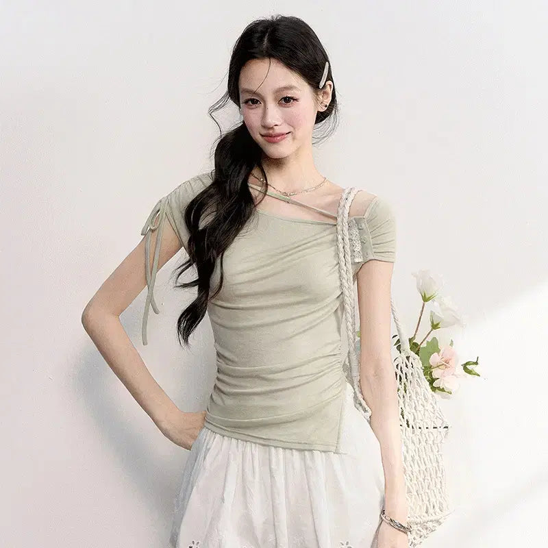 [BUNJANG] Fragile Heart Lace Trimmed Shirring Off-Shoulder T-Shirt / Fragile heart 프레질하트 레이스 트리밍 오프숄더 셔링 티셔츠