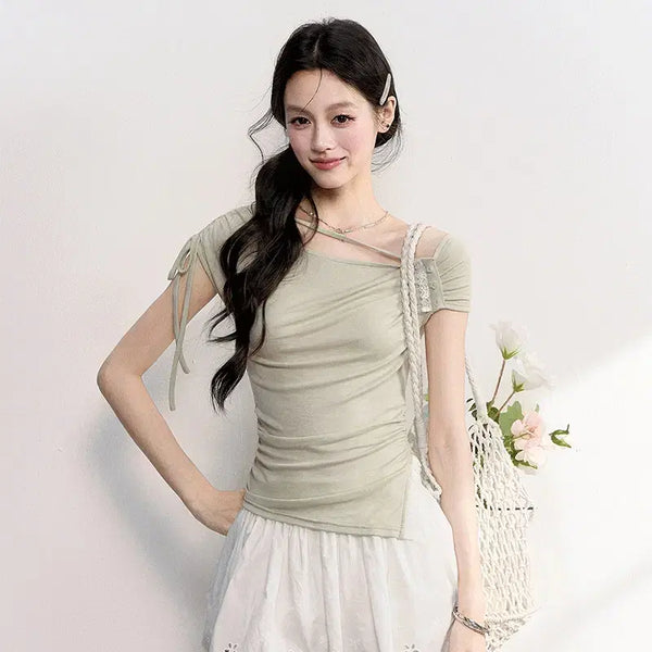 [BUNJANG] Fragile Heart Lace Trimmed Shirring Off-Shoulder T-Shirt / Fragile heart 프레질하트 레이스 트리밍 오프숄더 셔링 티셔츠