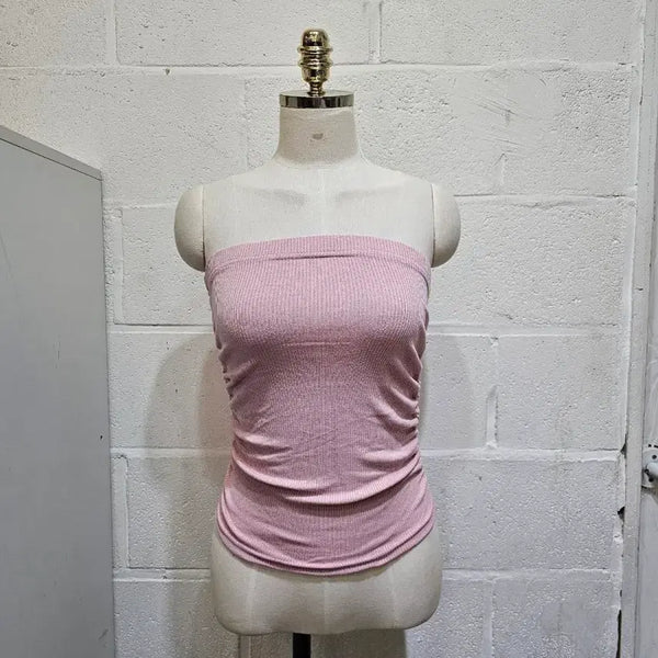 [BUNJANG] U-Hem Shirred Waistband Ribbed Tank Top - Pink / 밑단u 옆셔링 밴딩 골지 탱크탑- 핑크