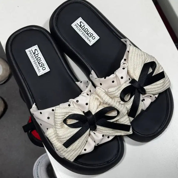 [BUNJANG] Ribbon Dot Platform Sandals Slippers / 리본 도트 땡땡이 통굽 샌들 슬리퍼