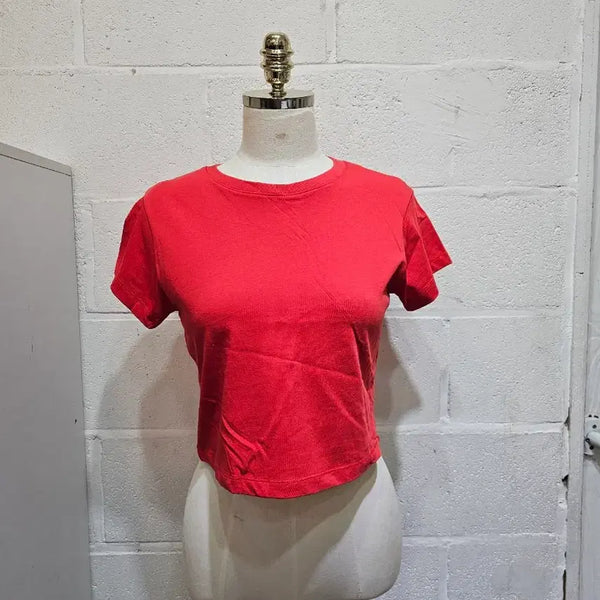 [BUNJANG] Round Neck Short Sleeve Cropped T-Shirt - Red / 가벼운 크롭 라운드 무지 반팔- 빨강