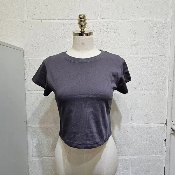 [BUNJANG] Basic Round Neck Short Sleeve Cropped T-Shirt - Charcoal / 가벼운 크롭 라운드 무지 반팔- 차콜