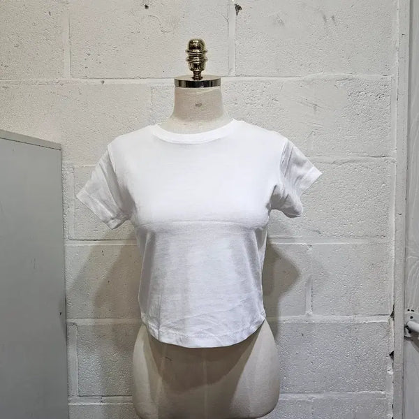 [BUNJANG] Lightweight Cropped Round Neck Basic Short Sleeve T-Shirt - White / 가벼운 크롭 라운드 무지 반팔- 화이트