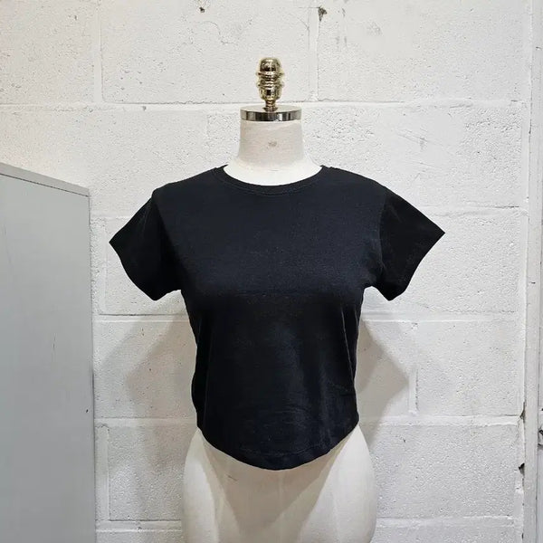 [BUNJANG] Basic Cropped Round Neck Short Sleeve T-Shirt - Black / 가벼운 크롭 라운드 무지 반팔- 블랙