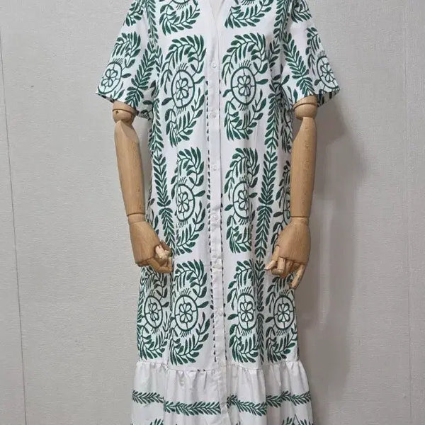 [BUNJANG] White Green Pattern Long Dress / 화이트 그린 패턴 롱 원피스