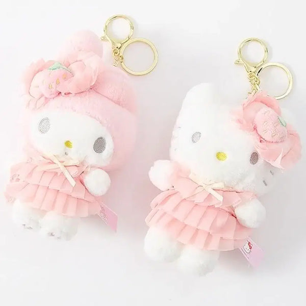 [BUNJANG] Sanrio Strawberry Ribbon Charm Set - Hello Kitty & My Melody / 딸기 리본 산리오 인형키링 헬로키티 마이멜로디 핑크 원피스 파우치키홀더(2종)
