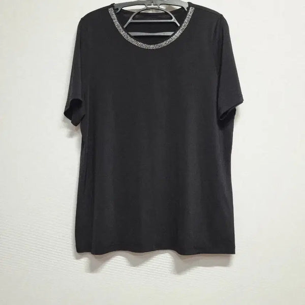 [BUNJANG] Chatelen Black Short Sleeve T-Shirt with Beaded Neckline / 샤트렌 블랙 반팔 티셔츠 넥라인 비즈 장식