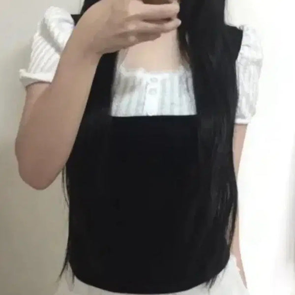 [BUNJANG] Puff Lace Button Layered Short Sleeve Blouse / 아티즈 퍼프 레이스 버튼 레이어드 반팔 블라우스