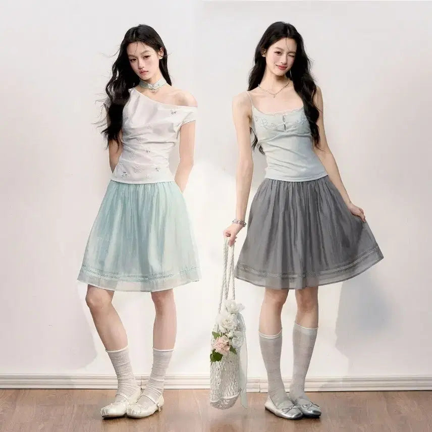 [BUNJANG] Fragile Heart Ribbon Waistband A-Line Bubble Midi Skirt / Fragile heart 프레질하트 리본 허리밴드 A라인 버블 미디 스커트