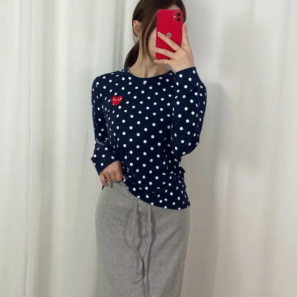 [BUNJANG] Comme des Garçons Dot Pattern Red Emblem Long Sleeve Shirt / 꼼데가르송 도트페턴 레드와펜 롱슬리브