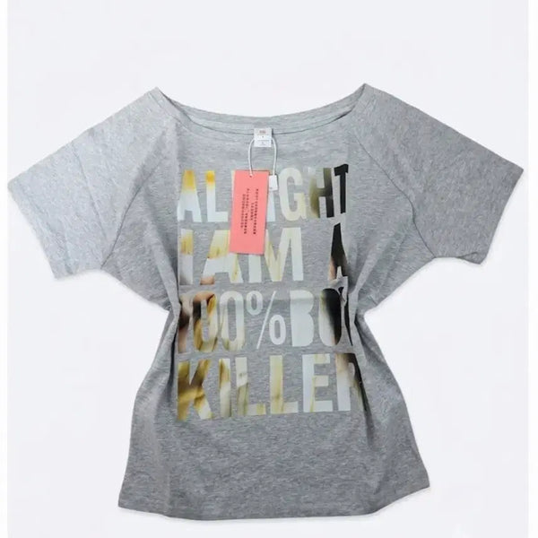[BUNJANG] One-Shoulder Grey Lettering T-Shirt / (새상품) 원오프숄더 그레이 레터링 티셔츠