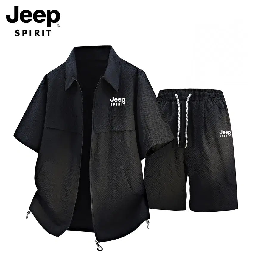 [BUNJANG] JEEP SPIRIT Men's Summer Short Sleeve Set-up Zip-up Shirt and Shorts / JEEP SPIRIT 남성 여름 반팔 셋업 트레이닝 캐주얼 세트 집업 셔츠 반바지