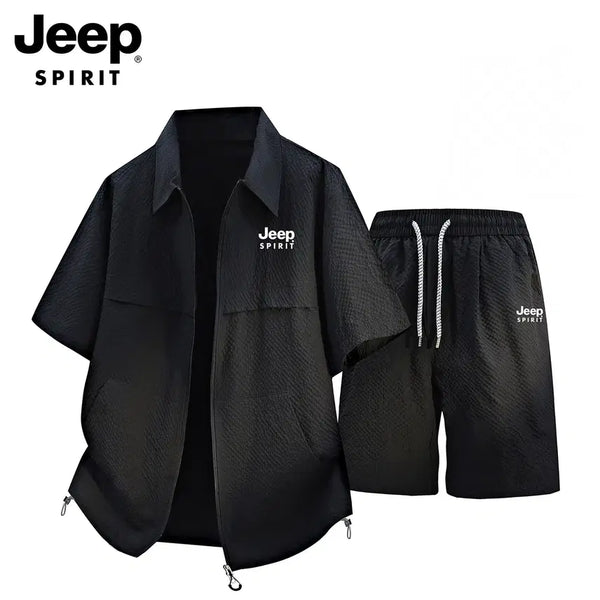 [BUNJANG] JEEP SPIRIT Men's Summer Short Sleeve Set-up Zip-up Shirt and Shorts / JEEP SPIRIT 남성 여름 반팔 셋업 트레이닝 캐주얼 세트 집업 셔츠 반바지