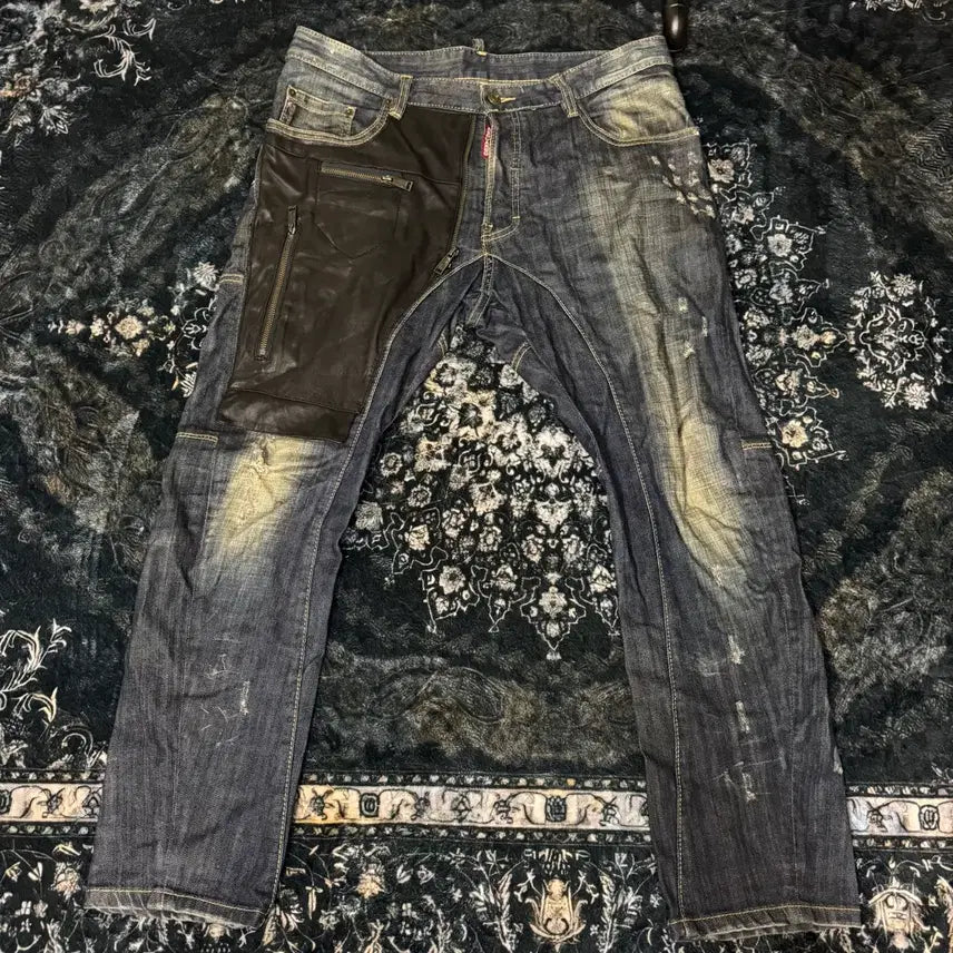 [BUNJANG] Dsquared2 Leather Patch Washed Denim Jeans / 디스퀘어드2 레더패치 워싱 데님